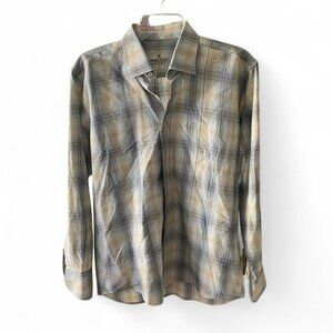 Marcello Sport Men’s Tan and Blue Plaid Button Down Long Sleeve Shirt Medium